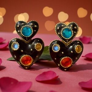 Vintage Chic Black Enamel and Gold Tone Heart Clip Earrings w/ Colorful Accents